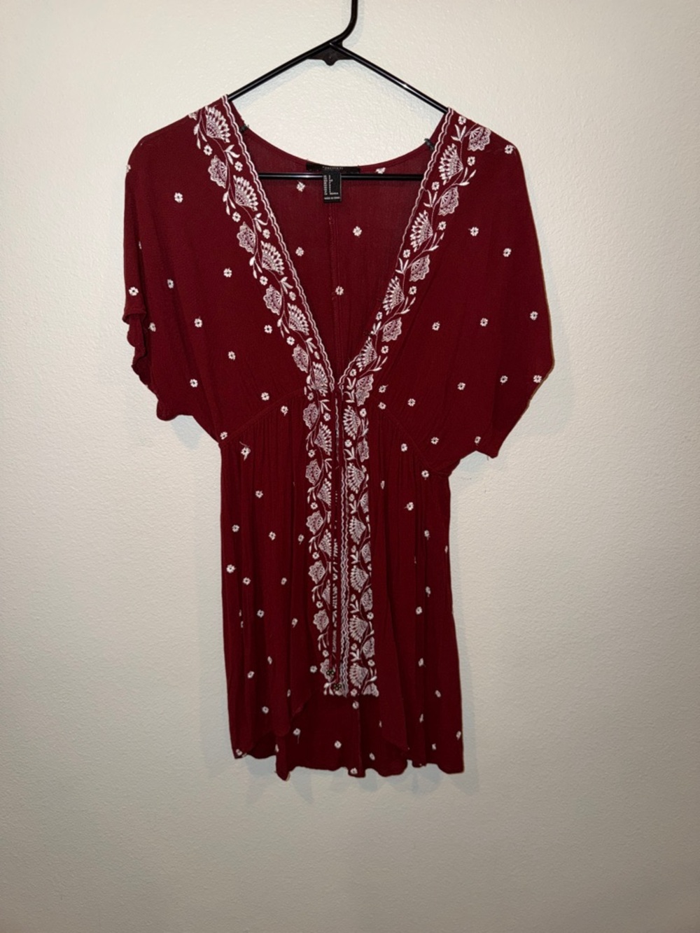 Forever 21 Burgundy V-Neck Tunic with White Embroidery
